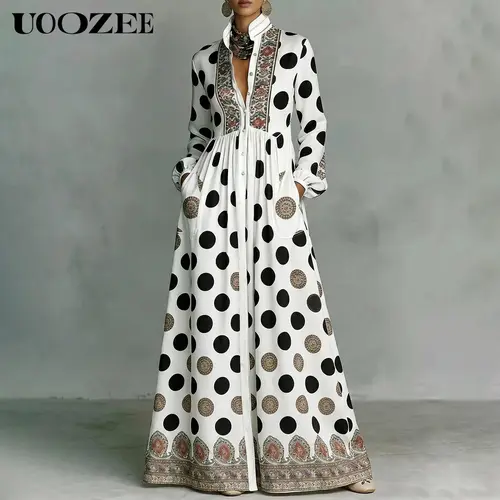 UOOZEE Women's New 2026 Bohemian Polka Dot Big Hemline Puff Sleeves Stand Collar Maxi Dress, Tribal Print Long Sleeve Button-Front Dress with Pockets, Vacation Shirt  Dress, Tall Length (Ladies with C - Cup and Above Need To Order One Size Up)