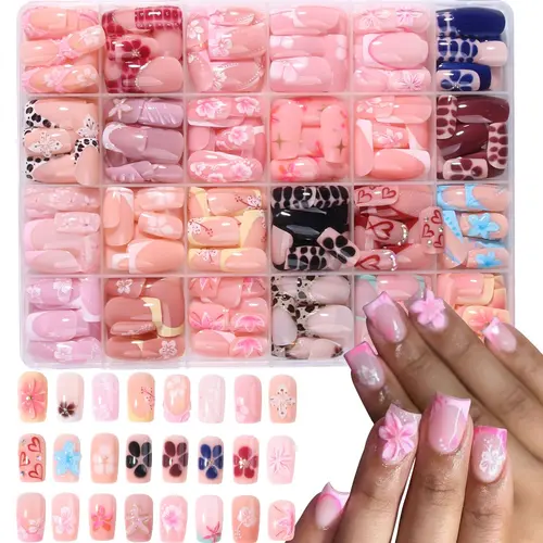 576pcs Short Square French Press-On Decorative Nails, 3D Gel Flower Peony Nail Art with Polka-Dot and Leopard Patterns, Acrylic False Nail Set