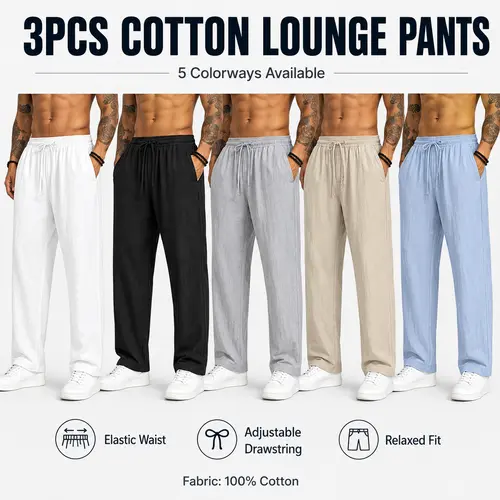 3-pack men’s casual pants, 100% cotton-linen comfortable, soft, breathable, lightweight drawstring pants with pockets, suitable for summer everyday wear, sports, leisure, and outdoor beach activities.
