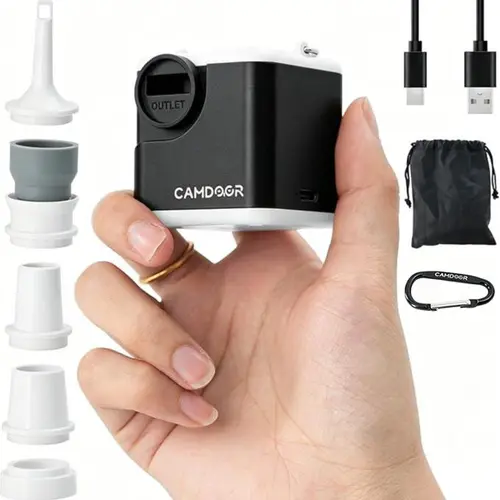 Camdoor Electric Air Pump for Inflatables 2400mAh Rechargeable 6 Nozzles Pool Float Pump with Camping Light, Inflate & Deflate, for Air Mattress, Vacuum Bags, Sleeping Pads, Camping Gear