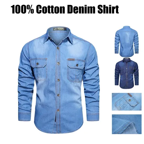 Men’s Washed Pure Cotton Collared Long-Sleeve Denim Work Shirt - Breathable, Multi-Pocket, Outdoor Wear Menswear Top for Casual Use, Long Sleeve Shirt Stylish