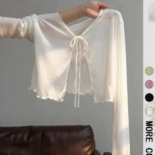 1 Piece Lightweight Sheer Tie-Front Shrug Top Women's Long Sleeve Cropped Sun Protection Cover Up Chic