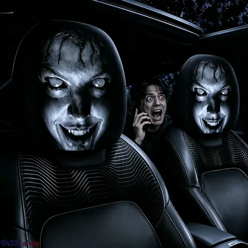 Spooky Ghost-Face Car Headrest Cover - 1 Pc Stretchy Fabric Horror Accessory, Easy Installation Washable Double-Sided Printing, Automotive Decorative Accessories for Ghost Grin Prank Midnight Scare Fun, Durable Cover for Repeat Fun