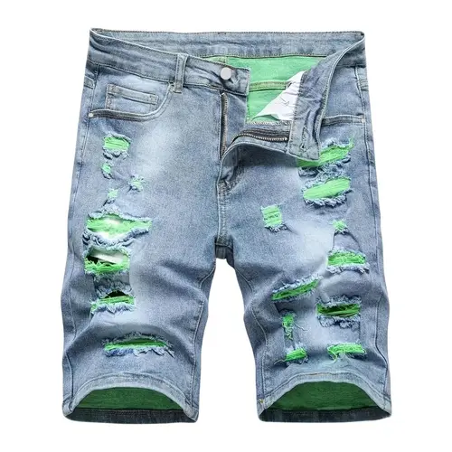 Men’s trendy, edgy color-block denim shorts—street style, distressed vintage look, mid-thigh length Bold Casual Outings