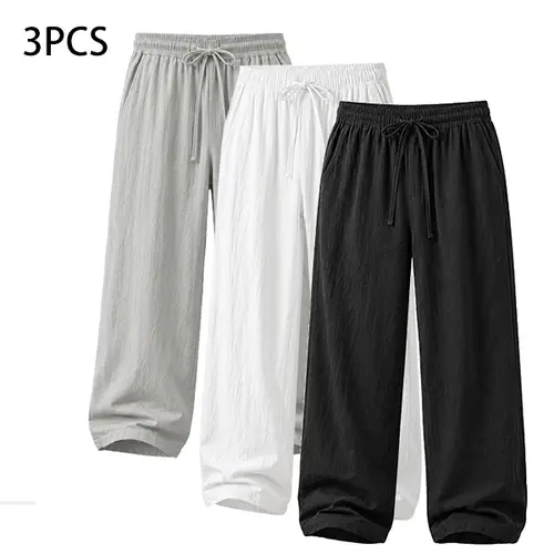 3-Pack 100% Cotton Linen Casual Pants Summer Athletic Quick-Dry Versatile Pants Non-Tight Fit Cooling Breathable Daily