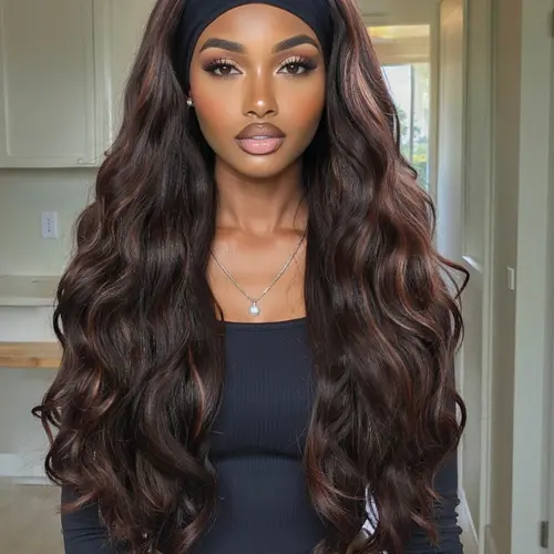Chic 26" Long Body Wave Synthetic Headband Wig for Women, Headband Style Wig, & Highlights, Glueless Half Wig, Heat Resistant, Perfect for Everyday & Party Wear, No Glue Wig