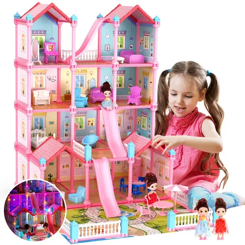 Eaglestone Pink Unisex Fairy Tale Doll House Playset - 14 Rooms, Furniture, Colorful Lights, 2 Toy Figures, Safe Plastic Miniature Houses, Girl Doll Kit, Assemble Required, 26×19×28 in Cool Gifts for Kids Ages 3+#backtoschool #sohochic