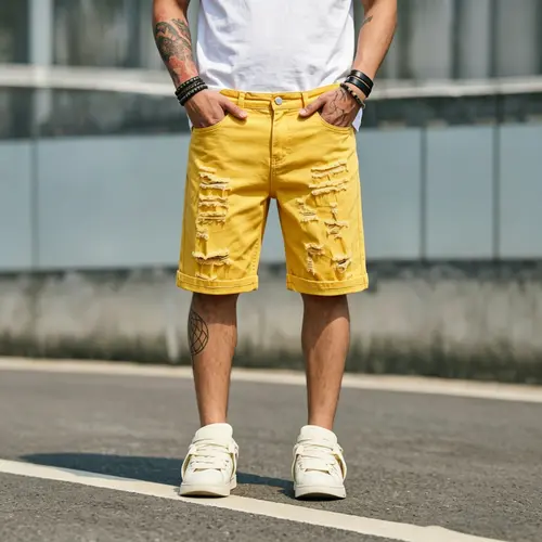 Trendy Yellow Denim Shorts — Street Style, Ripped & Distressed, Knee-Length