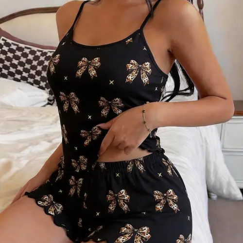 Summer Women's Sleepwear Print 2-Piece Set, Sleeveless Tank Top and Shorts, Elastic Design, Comfortable Casual Lightweight Home Wear