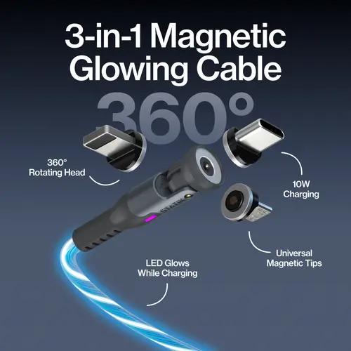 STATIK GloBright 360: Universal Magnetic Charge Cable | 5-in-1 | LED Glow | 360° Rotating Head | Compatible with Most Mobile Phones & Electronic Devices