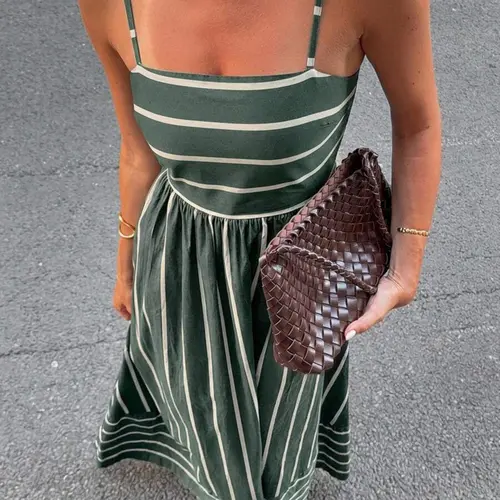 Women's Casual Striped Print Cami Dress, High Waist A-Line Long Dress for Vacation, French Vintage Style, Slim-Fit