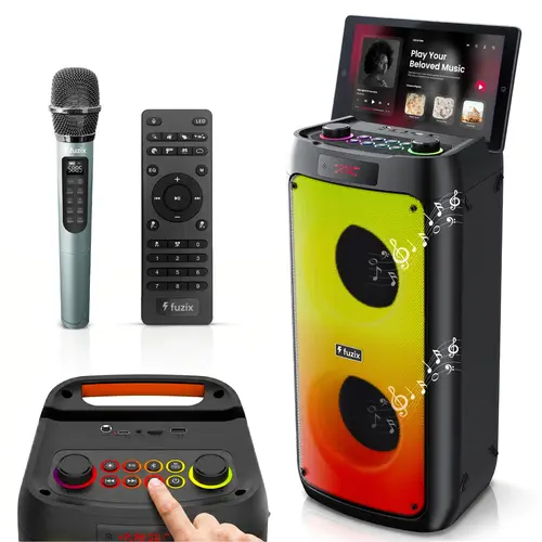 Fuzix Pulse 30W Portable Bluetooth Party Speaker, Wireless Karaoke Microphone, Dynamic LED Lights, TWS Stereo Pairing, FM Radio, Bluetooth 5.3, USB-C Charging, AUX TF MicroSD Card, Remote Control, Echo & EQ Knobs, for Home Party Outdoor Wedding Event, Sou