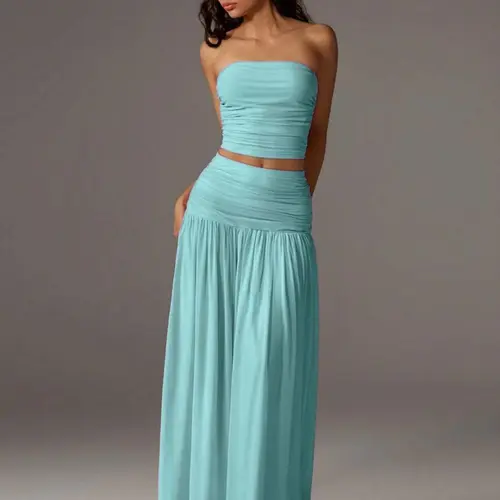 Women's Mesh Solid Color Halter Top Sleeveless and Long Dress Two-Piece Set, Breathable Summer Outfit, Elegant and Comfortable for Daily Wear