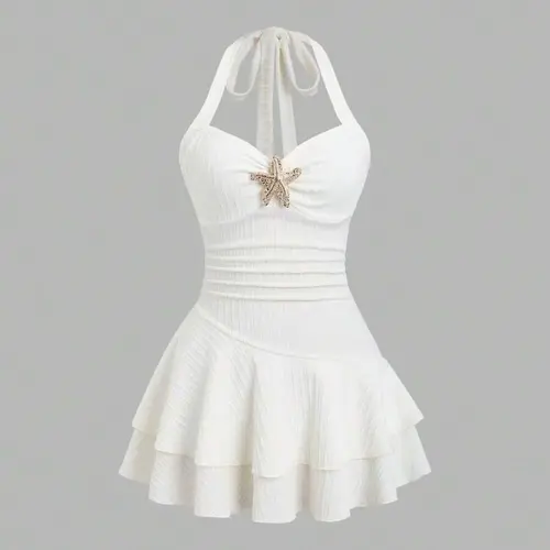 Women's New Summer Halter Neck Metal Decor Layered Ruffles Mini Dress for Beach Vacation