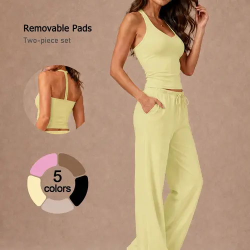 2 Piece Women's Cami Top Long Pants Sports Set Cool Quick Dry Breathable Four Way Stretch Racerback Adjustable Drawstring Wide Leg Pants Removable Padded Yoga Outfit Gym Shopping Airport Fashion Versatile Sportswear Yoga Fitness Set