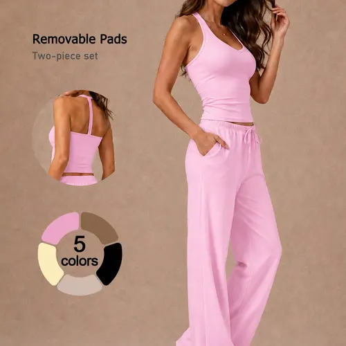 Women's 2-Piece Set with Removable Pads, Cooling Athleisure Set, High Stretch Sporty, Tank Top & Drawstring Waist Wide-Leg Pants, Breathable Quick-Dry Activewear, Ideal for Workout, Yoga, Gym and Travel, Streetwear, Casual Lounge Wear