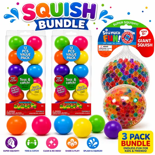 Squish & Stick Mega Bundle – 24 Expressions Rainbow Squeeze Ball Fidgets + 1 Giant Water Beads Squishy Ball