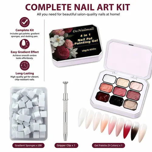 Osnailmall 9 Colors Nail Pat Painting Gel, 100pcs Sponge & Nail Gripper, Gel Polish Sets, Nail Art Manicure, Quick Dry No-Wipe, Gradient Color Changing, UV/LED Gel