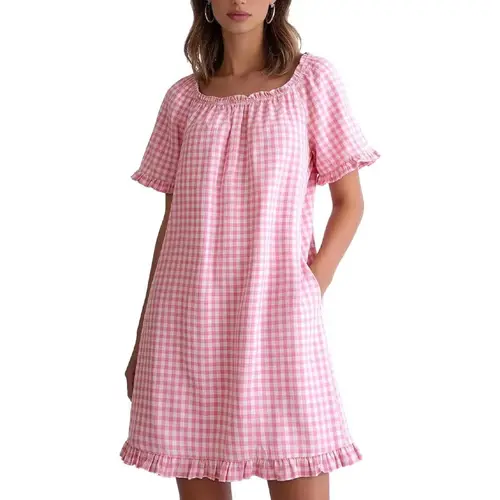 Women's Cute 100% Cotton Gingham Plaid Knee-Length Nightgown - Square Neck Pull-On Sleep Dress with Ruffle Sleeves, Pocket, Loose Flowy Fit, Temperature-Regulating Soft Cotton Loungewear