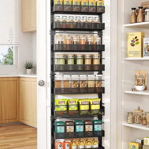 New 8 Tiers Over the Door Organizer - Height Adjustable Pantry Organizers and Storage with Dense Mesh Baskets, Anti-Swing Hanging Door Spice Rack for Kitchen Bathroom