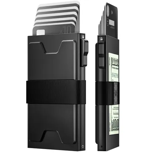 Slim Aluminum Pop Up Wallet for Men, RFID Blocking Card Holder Holds 12+ Cards & Cash, Black