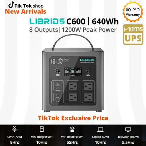 LIBRIDS Portable Power Station C600, 640Wh LiFePO4 Battery, 600W (Peak 1200W) Solar Generator, 1.5H Fast Charge, 10ms UPS, 8 Ports(4 AC) for Camping, Home Backup & Outages