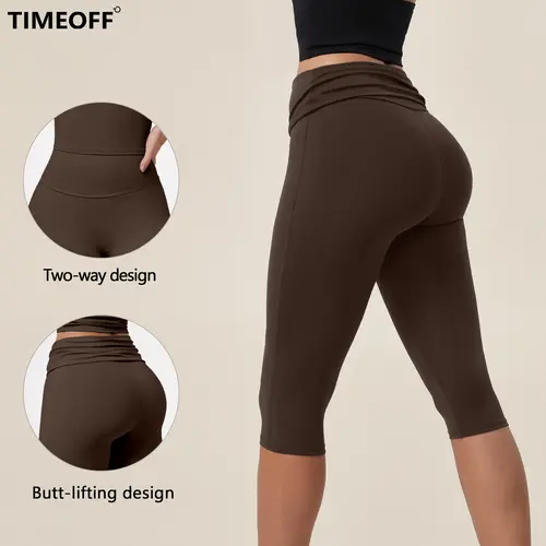 TIMEOFF Women's Fold‑Over Waist Knee‑Length Leggings - Two‑Way Wearable, Butt‑Lifting Design, Stretchy Breathable Fabric | Tummy Control, Non‑Slip, No Ride‑Up | Ideal for Yoga, Gym, Running & Casual Wear,back to school shopping