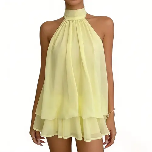 Women's Minimalist Solid Open-Back Halter Dress with Elegant Ruffle Hem, Casual All-Season Fashion Mini Dress Flowy Womenswear