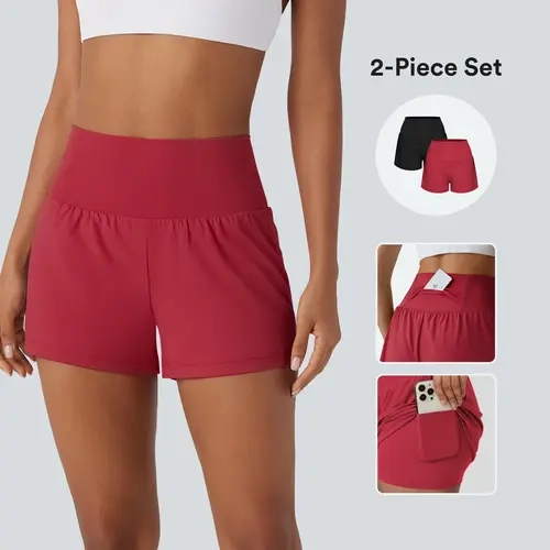 Halara 2-Piece Super High Waisted Back Pocket & Side Hidden Pocket 2-in-1 Yoga Shorts 3" Set