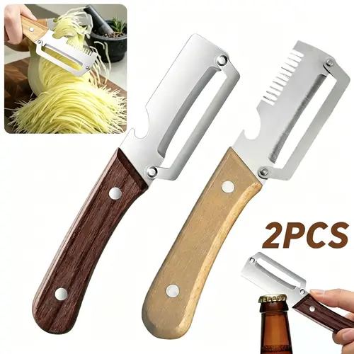 2PCS 2-in-1 Vegetable Peeler with Bottle Opener, Sharp Stainless Steel Blade, Ergonomic Wooden Handle, Peel and Slice Dual Use, Versatile Kitchen Tool for Apple Potato Pumpkin Papaya Carrot Zucchini