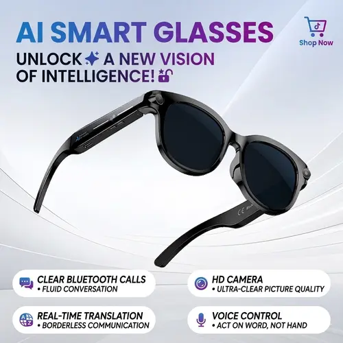Smart AI Camera Glasses，Button Touch Adjustment for Travel Outdoor Adventures Hands-Free Photography 160+Languages Real-Time Translation Bluetooth Wireless Wearable Video Recording UV Protection ,Easter gift