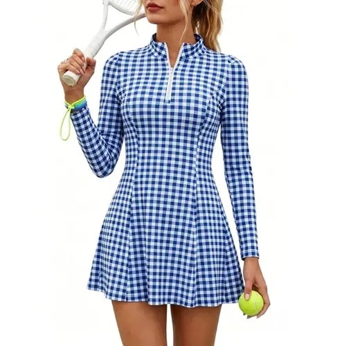 Fisoew Women's Long Sleeve A-Line Activewear Athletic Dress - Quarter Zip, Gingham & Argyle Print, Built-in Shorts, Pockets, Knee Above, All Seasons for Tennis, Golf