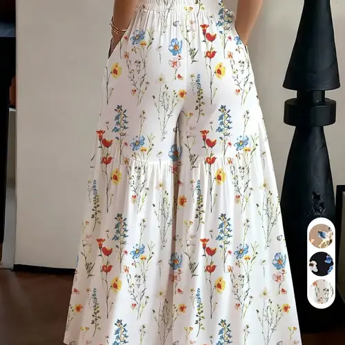 Simple Versatile Casual High Waist Bohemian Boho Floral Pants, Daily Wear Long Pants, Relaxed Office Style Loose, Summer New Vacation Leisure Pants, Light Mature Everyday Casual Pants Ff2630