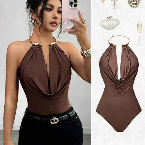 Women's Sexy Chic Summer Metal Halter Sleeveless Solid Color Bodysuit, Deep V Neck Slim Fit Clothing