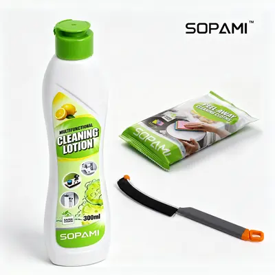 SOPAMI 300ml Plant-Based Multisurface Cleaning Lotion Kit, EPA Safer Choice Certified, Tough on Stains & Gentle on Skin, with Microfiber Cloth & Crevice Brush, Fresh Lemon Fragrance