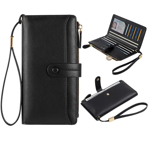 VTLASK Women's Minimalist Long Wallet - Wallets for Women with Mil-grade RFID Blocking, Soft Leather, 12+ Card Slots, Roomy Zip Pocket Fits Phone + Keys, Slim Wristlet Clutch, Minimalist Look Fits Modern Outfits