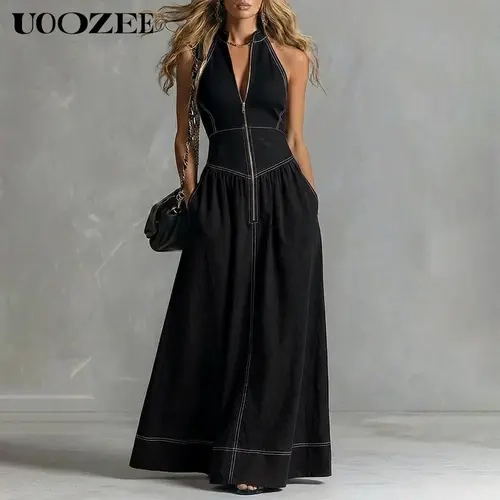 Uoozee Women's Minimalist Halter Neck Contrast-Stitch Formal Maxi Dress - Lightweight Breathable Soft Polyester Sleeveless Strappy Zip-Front Piece with Pockets, Fitted Waist, Flowy Long Skirt, Ideal for Date Night, Workwear (Size Up for Full Bust)