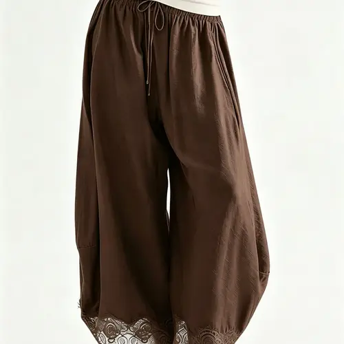 Lace Trim Wide Leg Pants,pumpkin pants, Millennial Retro Sweet Style Elastic Waist Drawstring Long Pants, Loose Fit Baggy Daily Casual Streetwear Lightweight Women's Trousers