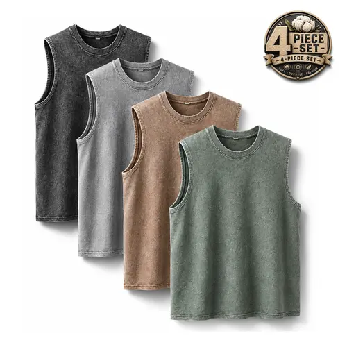 4 Pack Men's Oversized Tshirts Sports Vintage Heavy Cotton Tshirt Washed Loose Fit Athletic Tee Sleeveless Ves