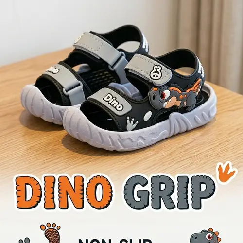 Boys' Dinosaur Cartoon PVC Sandals, Summer New Soft Sole Anti-Slip Beach Shoes for Kids, Adjustable Ankle Strap