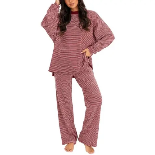 Fisoew Women's 2-Piece Striped Cotton Lounge Set - Long Sleeve, Round Neck, High Waisted Wide Leg Pants, Loose Oversized, Soft, Casual, Everyday Style, Fall 2026 Fashion Sleepwear