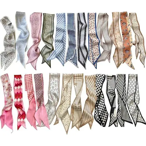 Women's 24-Count Silk-Like Fabric Accessories Set - Scarf Head Wrap, Headbands, Neckchiefs, Bag Accents, Fade-Proof Dye, 38.6x2.7in Rectangular Wraps, Assorted Prints for Casual Daily Adult Use