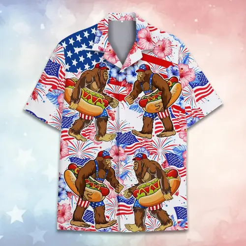 Patriotic Bigfoot Hawaiian Shirt Men Women, Funny USA Sasquatch Hot Dog Aloha Shirt, 4th of July Short Sleeve Button Down