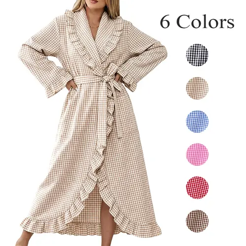 Yimoon Cotton Robes for Women Gingham Long Sleeve Ruffle Trim Robe Bathrobe Lightweight Plaid Loungewear Sleepwear