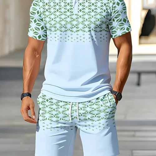 Men's Summer Casual Classic Matching Set, Short Sleeve Polo Shirt with Shorts, Blue Geometric Pattern, Comfortable Breathable Sporty Menswear, Shorts Set Outfit