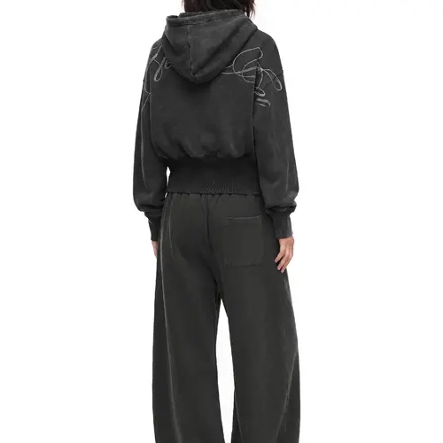 FDR  Cotton Washed Cropped Letter Rhinestone Double-Zip Hoodie for Women Vintage Loose Fit Black Casual Sweatshirt Perfect for Everydaywear Y2K Pullover Long Sleeve Tops