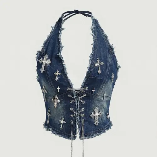 Women's Y2K Metal Cross Pendant Washed Vintage Slim Fit Denim Backless Sleeveless Cami Tank Top, Goth Style Retro Design for Casual Wear