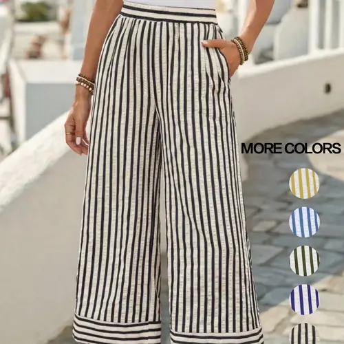Women's Casual Striped Print Elastic Waist Wide Leg Pants, Summer Loose Long Pants, Boho Casual Trousers, Bohemian Style Pants, Comfortable and Stylish Women's Clothing