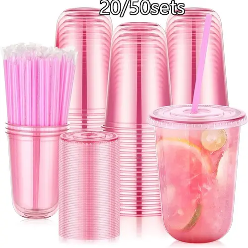 20/50 Count 16oz Plastic Cups with Sip Lids and Straws, Disposable Clear Iced Coffee Beverage Cups, Round Bottom for Cold Drinks, Party Supplies
