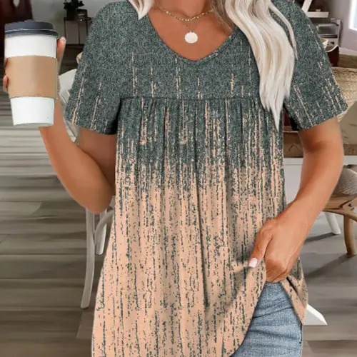 Plus Size Women's Summer Bestseller Gradient Striped V-Neck Casual Shirt Top, Front Pleated Design with Curved Hem, Slimming and Flattering Fit